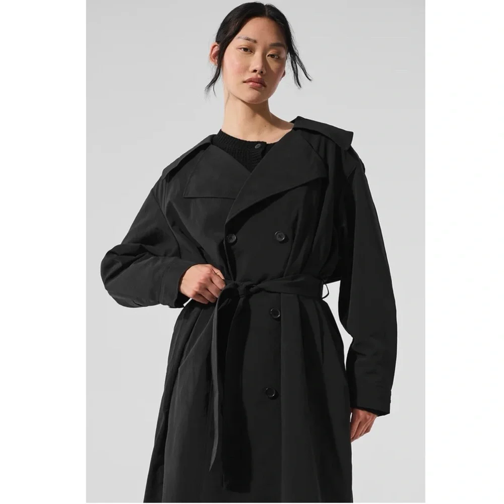 ALO Yoga Daybreak Long Coat Black Hooded Detachable Belt NEW with tag